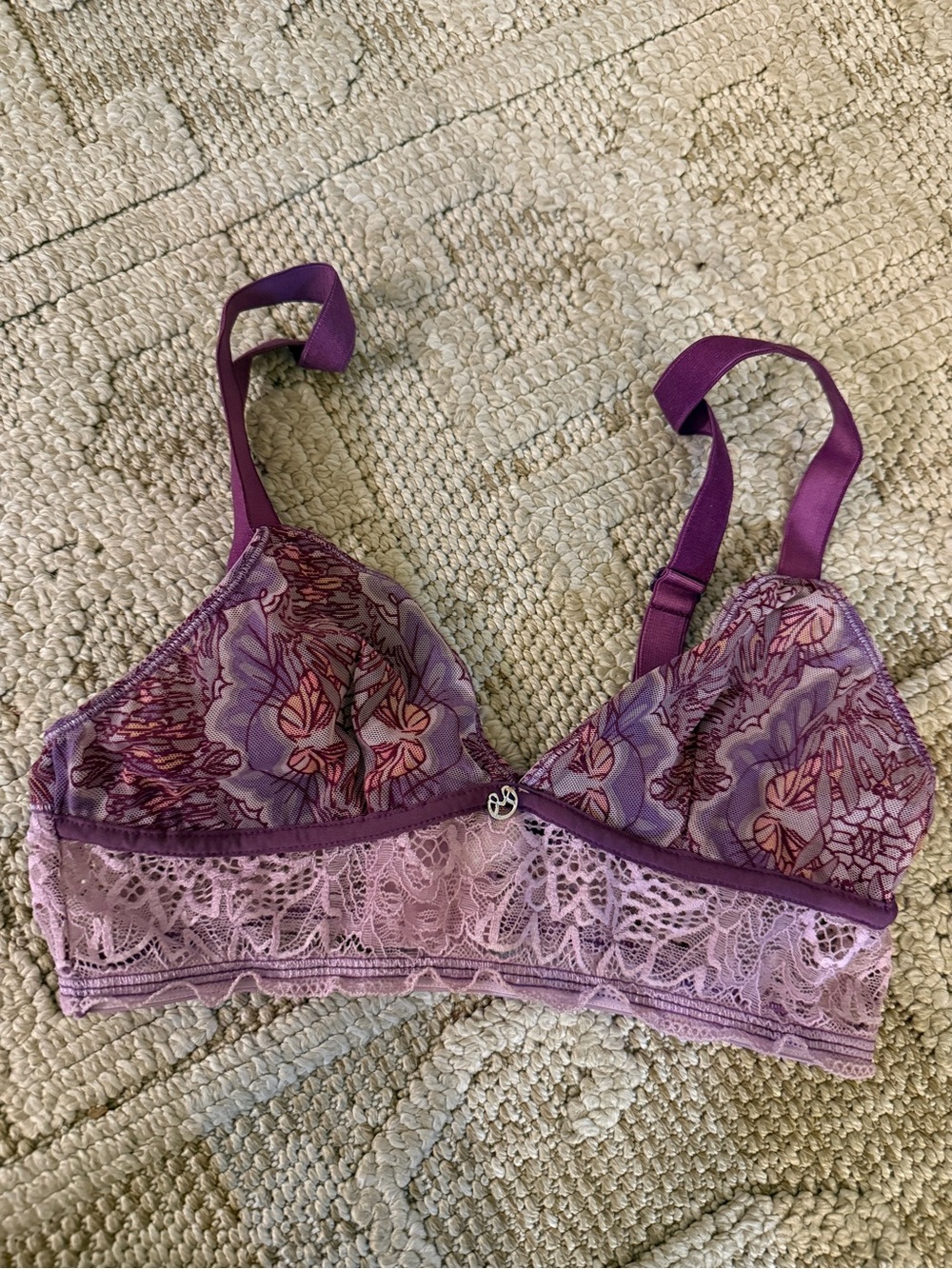 Maaji Fluttering Wings Balconette Lace Bra Purple Floral Lace Bralette Sz 34B